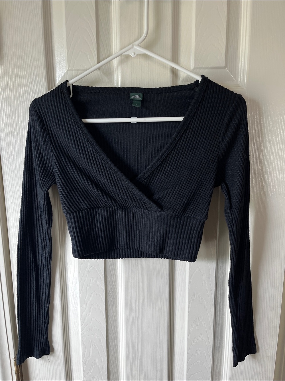 wild fable Black Ribbed Wrap-Front Long Sleeve Crop Top